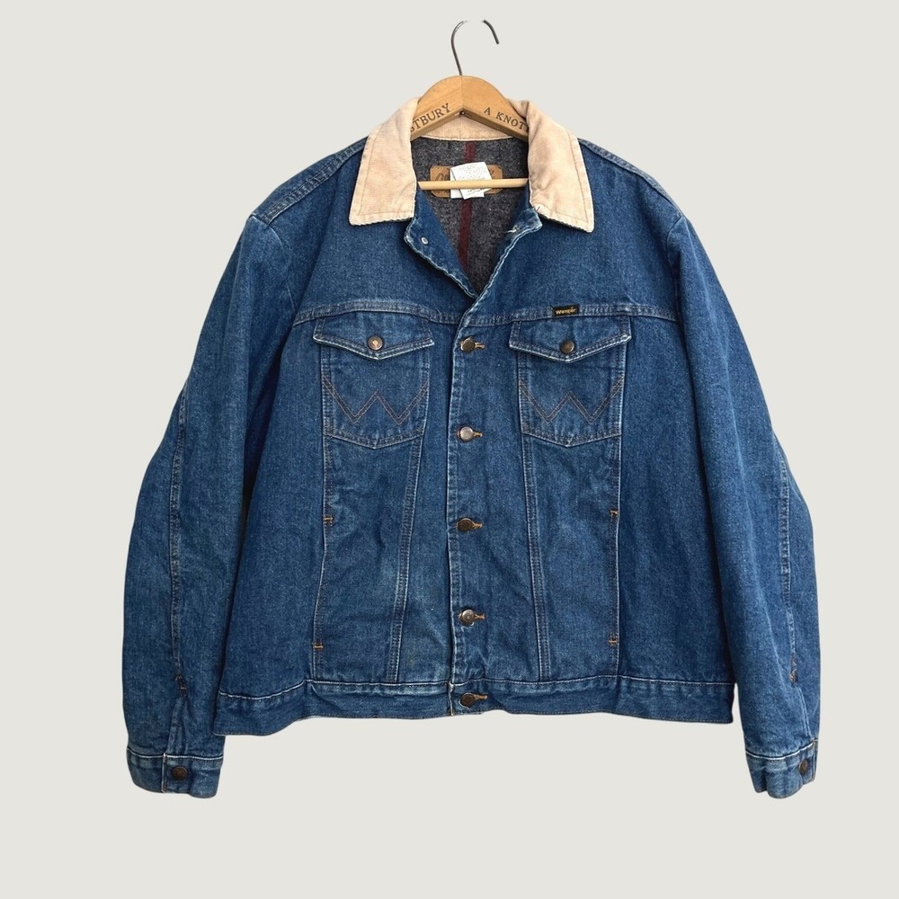 Wrangler 74260PW Blanket Lined Denim Trucker Jacket Corduroy Collar Mens 46 Blue